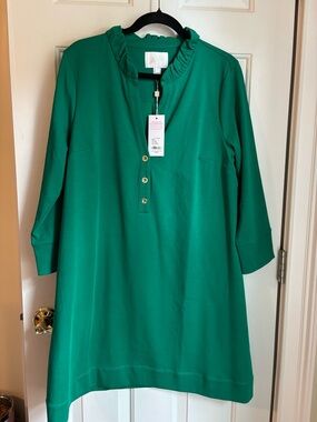 Lilly Pulitzer Knightley Green Ruffle Neck Tunic Dress with Gold Buttons NWT SIZ